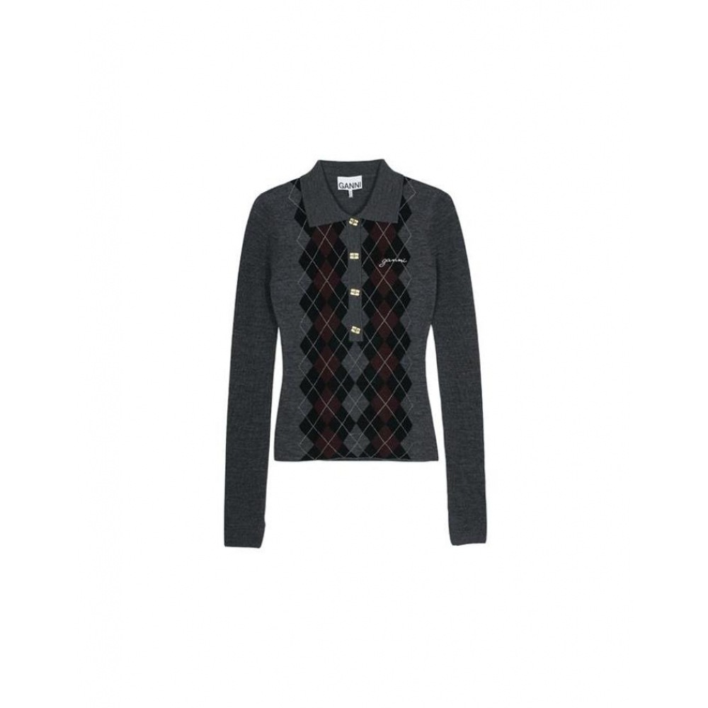 GANI レディースダイヤモンドロングスリーブニットグレー K2314-523