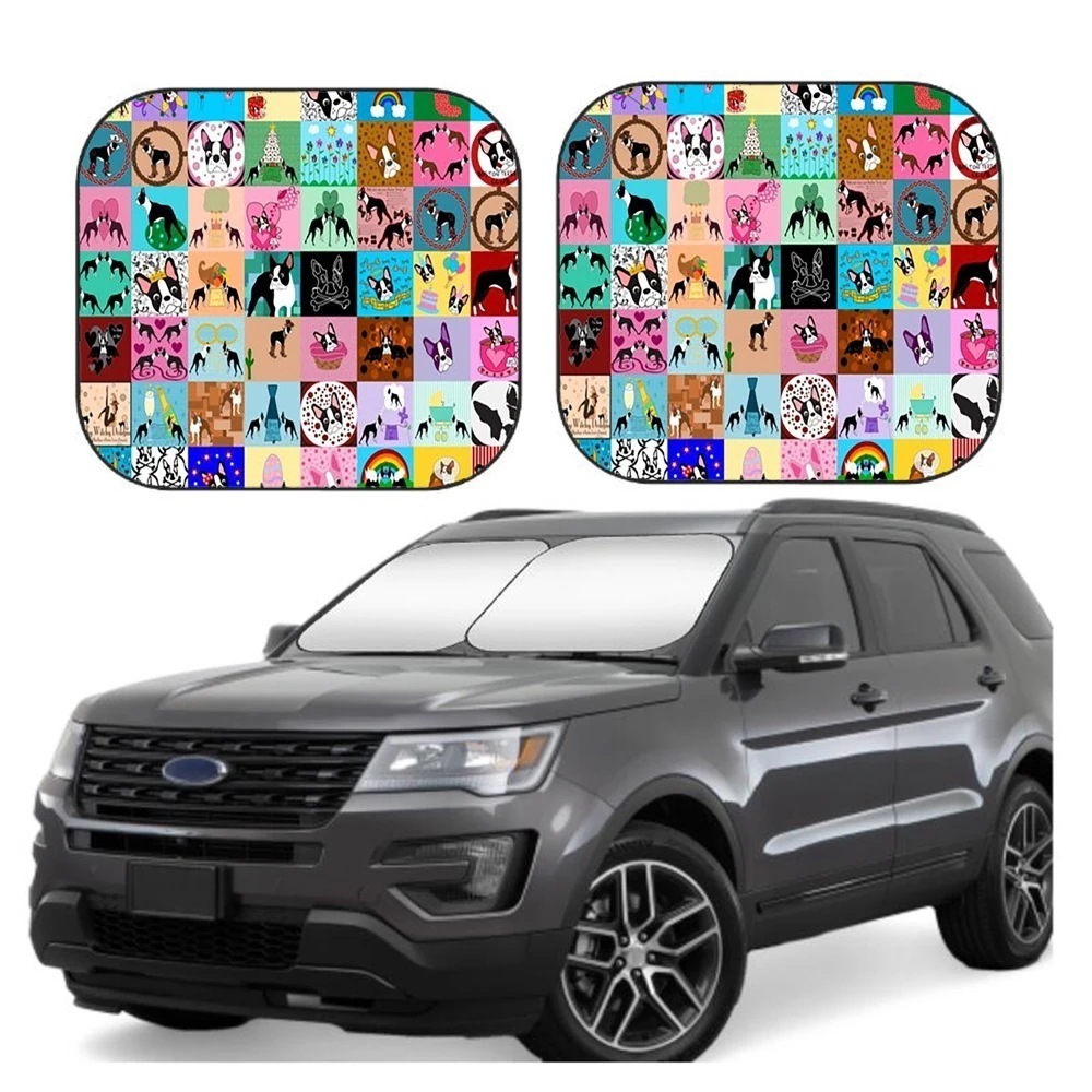 車のフロントガラスサンバイザー クレイジー-フェイク-ボストンテリア 2ピースのフロントガラスサンシェード