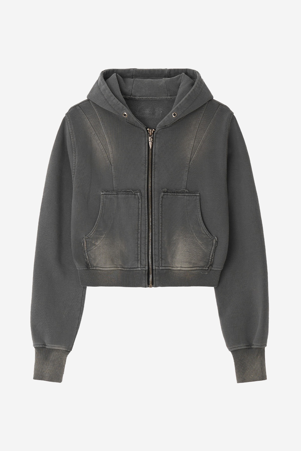 【BLR】 (W) BLEACHED CURVED INCISION SWEAT HOODIE ZIP-UP : GREY