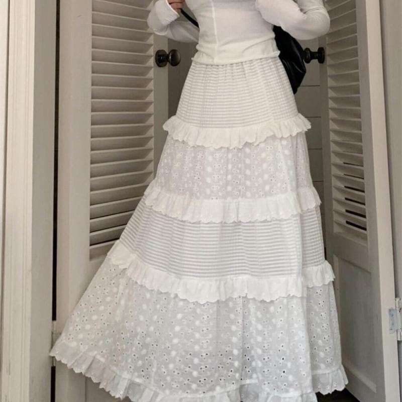 ティアードスカート ロング レディース ボトムス ガーリー マキシスカート 韓国 ファッション レース 春夏 ホワイト 5,340円