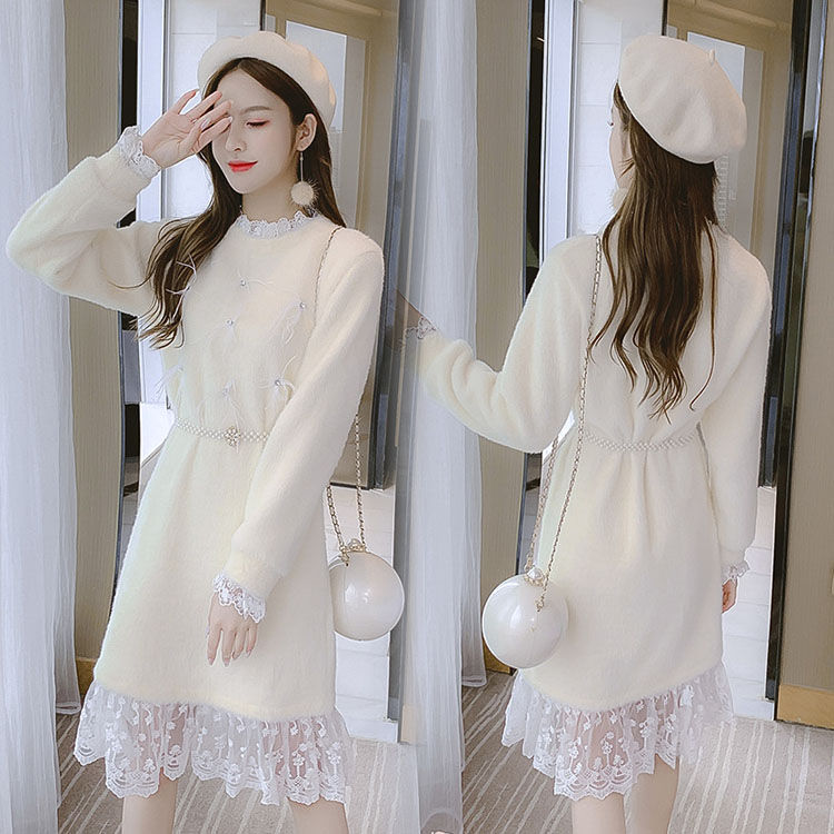 ワンピース 長袖 春秋 きれいめ レディース お洒落 女の子 体型カバー 大人 デート 着やせ 結婚式 同窓会 オフホワイト ファッション お出かけ Aライン フェミニン パーティドレス もこもこ l