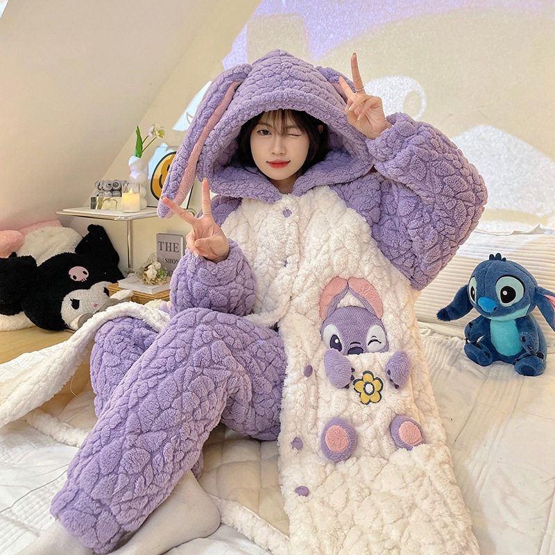 3層綿パジャマロングタイプ冬の厚手加絨フランネルスリーパー女性サンゴ絨毯連帽部屋着セット