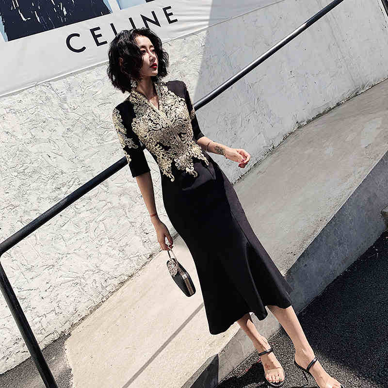 【急速出荷 2025年新作】マーメイド ドレス マーメード イブニングドレス ロングドレス 韓国 パーティードレス かっこいい ワンピース カクテルドレス 可愛い 春 夏 秋　五分袖 ひざ下丈 ミモ