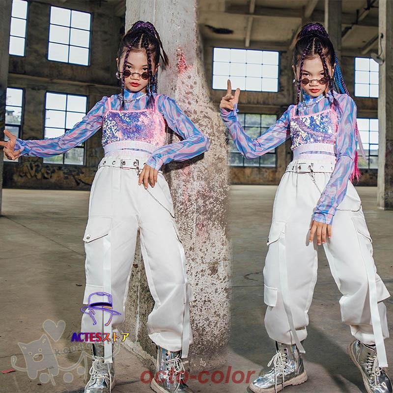 キッズダンス衣装 ヒップホップ 女の子 ベスト 長袖 タイダイ柄 トップス ロングパンツ 2点セット へそ出しガールズ HIPHOP K-POP ステージ衣装 練習着 演出服