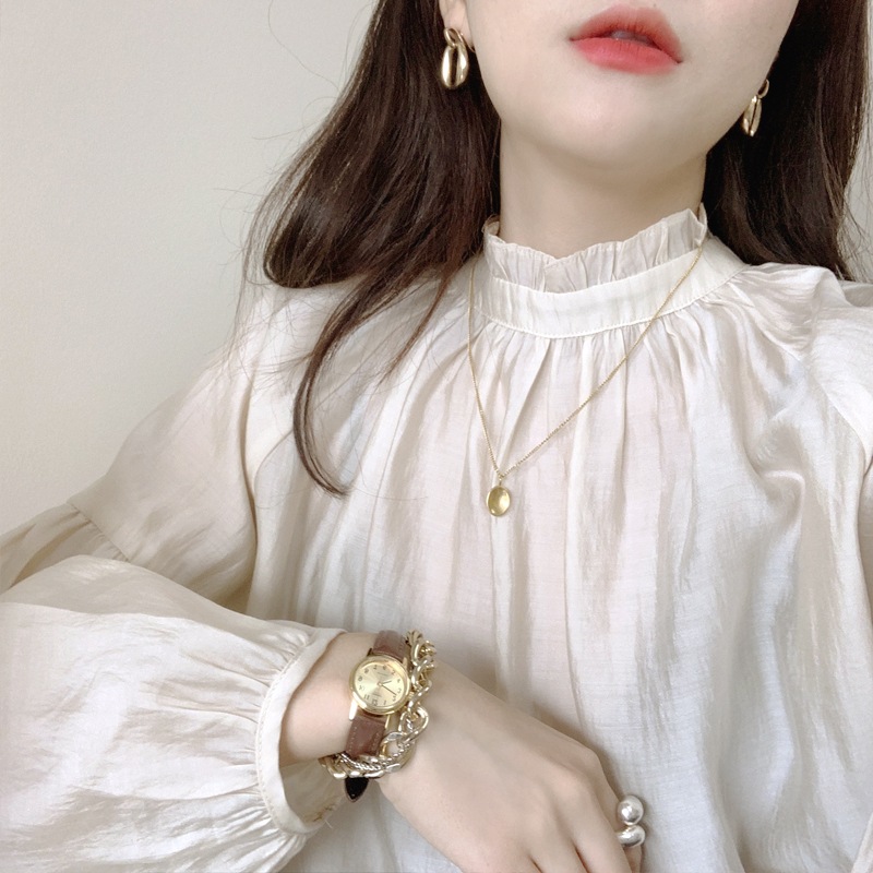 レディース トップス ブラウス プルオーバー 長袖 パフスリーブ ドロップショルダー ハイネック スタンドカラー ワイド フェミニン タック フリル 透け感 ボタン かわいい 大人可愛い きれいめ