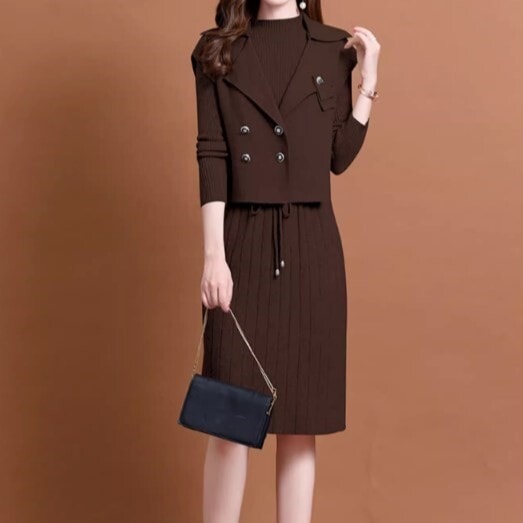 セットアップ ノースリーブジャケット ひざ丈 ミモレ丈 ノースリーブ 長袖 ウエストリボン 切り替えデザイン 前開き リブニット 伸縮性 ポリエステル 2点セット かわいい 大人可愛い 大人 上品