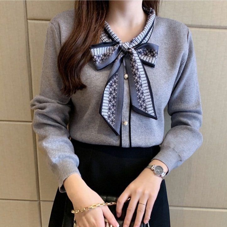 タイ付きトップス ニットセーター カジュアルニットセーター 長袖ニットセーター シャツ セーター 白トップス 袖あり 長袖 Vネック 襟付き スリム 細身 Iライン スマート レース シフォン リボン