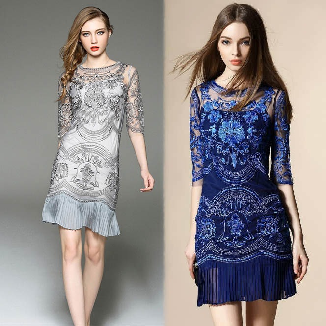 ドレス M グレー ネイビー シースルー 即納 花柄 刺繍 ワンピース 薄手 LYY-T830966