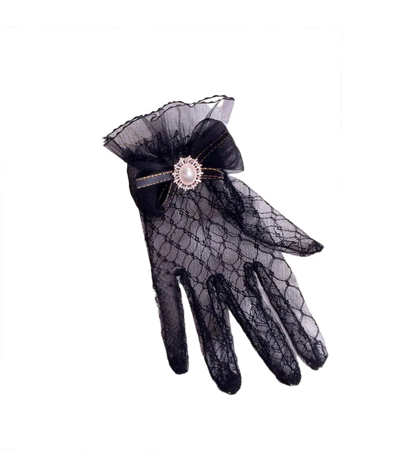 1つ買うと10つ無料ロリータ手袋ウェディング手袖グローブ ブライダル ウエディンググローブ 結婚式 ショートグローブ花嫁二次会披露宴 レースパールパーティーメッシュロリータレース薄い黒白FLLW