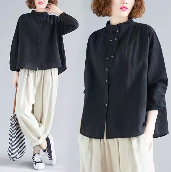 トップス シャツ ブラウス ラウンド丈 長袖 ドロップショルダー スタンドカラー デザイン ボタン 美ライン 前開き モノトーン リラックス ナチュラル かわいい 大人可愛い きれいめ シンプル
