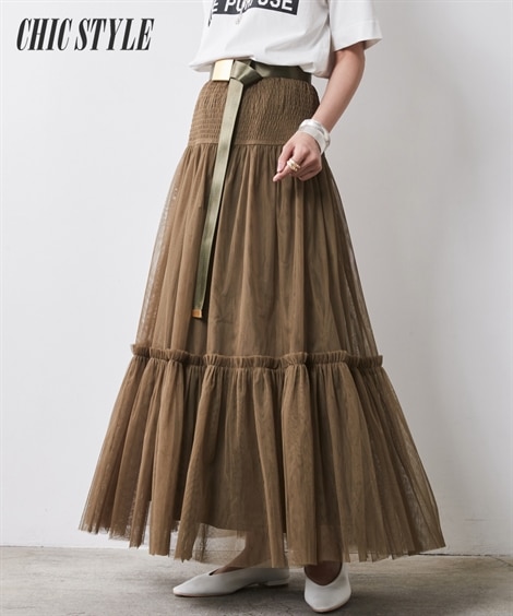 ロングスカート チュールマキシギャザースカート ペチスカート付 シックスタイル 大きいサイズ対応