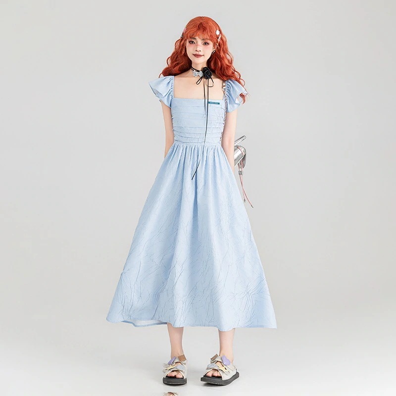 【高品質です】スクエアネック小比翼ワンピース 24サマー シワ加工ジャガード ホリデーウエストゴムロングスカート