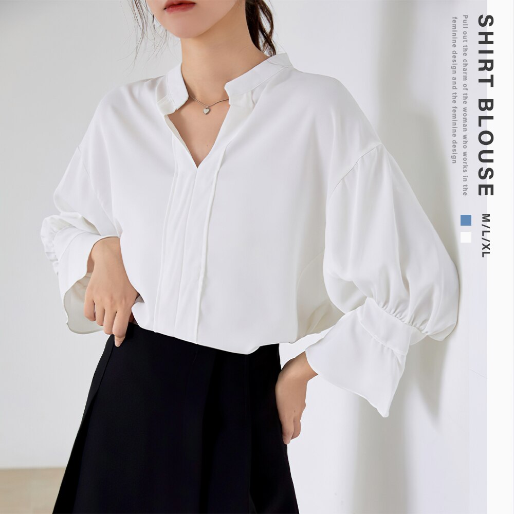 国内即納 スキッパー シャツブラウス レディース 七分袖 とろみブラウス パフスリーブ vネック ト