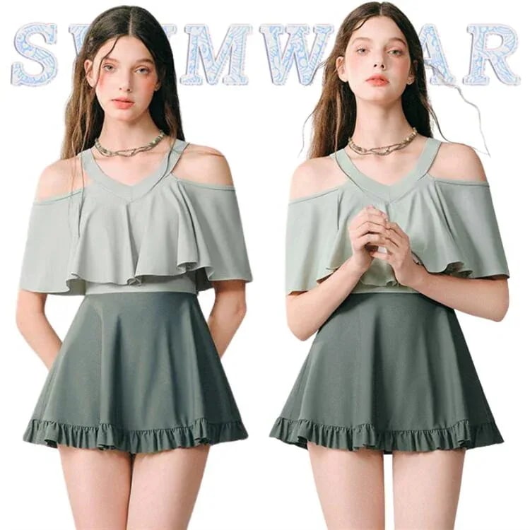 【20点セット】7月の新作特典水着 ワンピース レディース 体型カバー フリル 小胸 肩出し 二の腕 韓国 水着 無地 パンツ付き レディース おしゃれ 20代 30代 40代 露出控えめ みずぎ 大