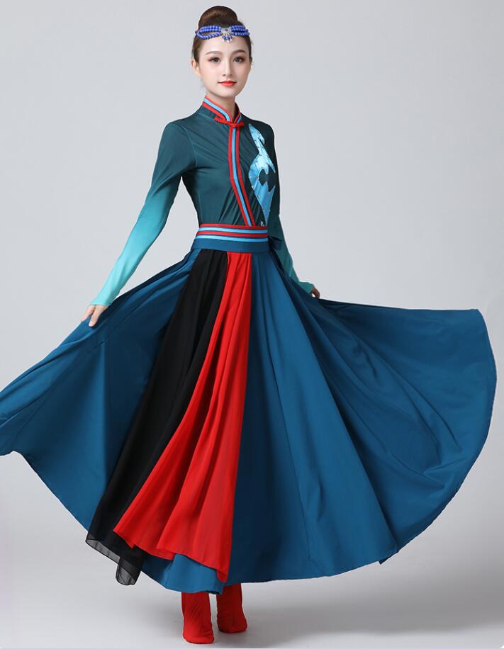 チャイナ 民族ダンス 衣装 レディース 大人 モンゴル舞踊 チベット舞踊 ダンス衣装 上下セットアップ 長袖 レオタード ロング丈広がるスカート 漢服 チャイナ服 中華 古典 民族 ダンスウェア 青系