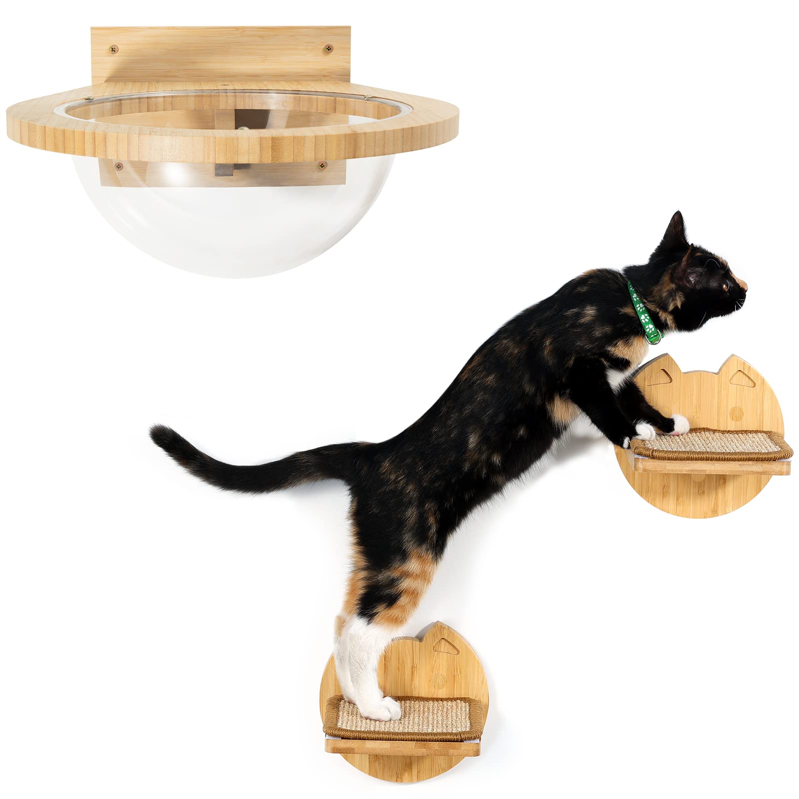 Yangbaga 木製猫 ベッド 3つ入り壁掛け式キャットウォーク-2つの猫用ステップ+1つの透明宇宙船 キャットステップ ドーム状 猫用家具 猫 爪研ぎ 遊び場 取り付け簡単