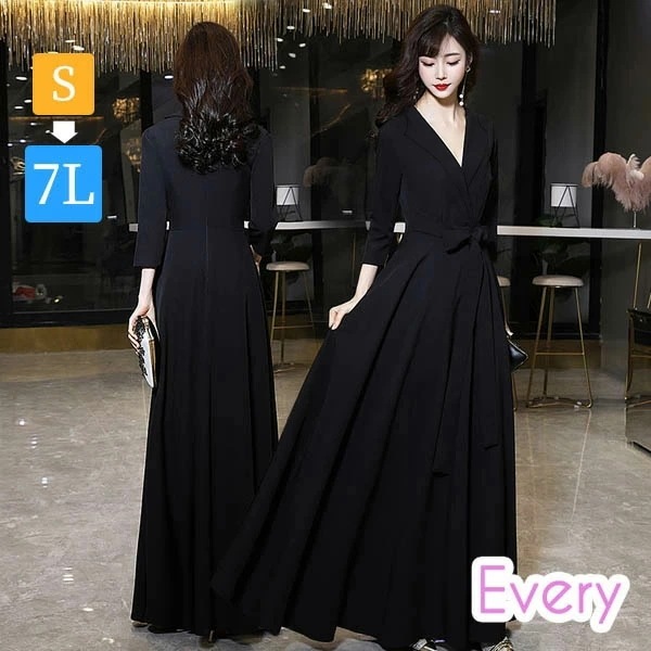 ドレス 大人 ピアノ 発表会 Vネック イブニングドレス パーティードレス ロングドレス 母親 結婚式 ミセス向けドレス 演奏会 袖あり ドレス 大きサイズ ブラック 成人式 同窓会 ピアノ発表会 A