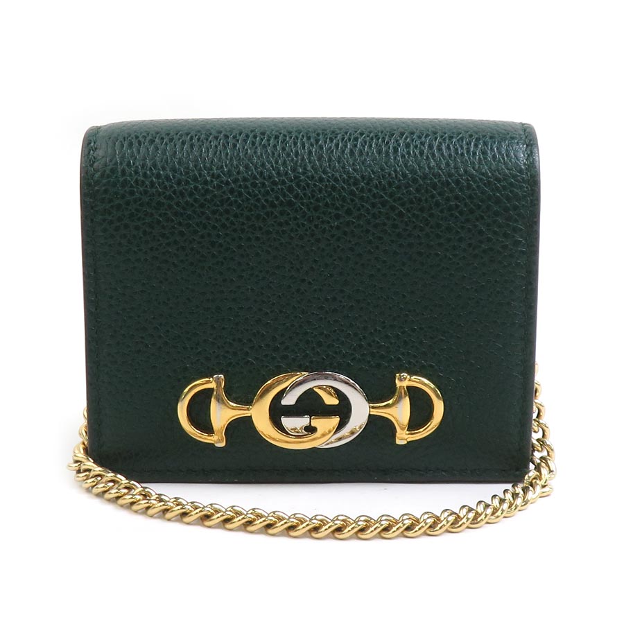 グッチ GUCCI 二つ折り財布 チェーンウォレット ズゥミ レザー/メタル ダークグリーン/ゴールド/シルバー レディース 570660 e60739a