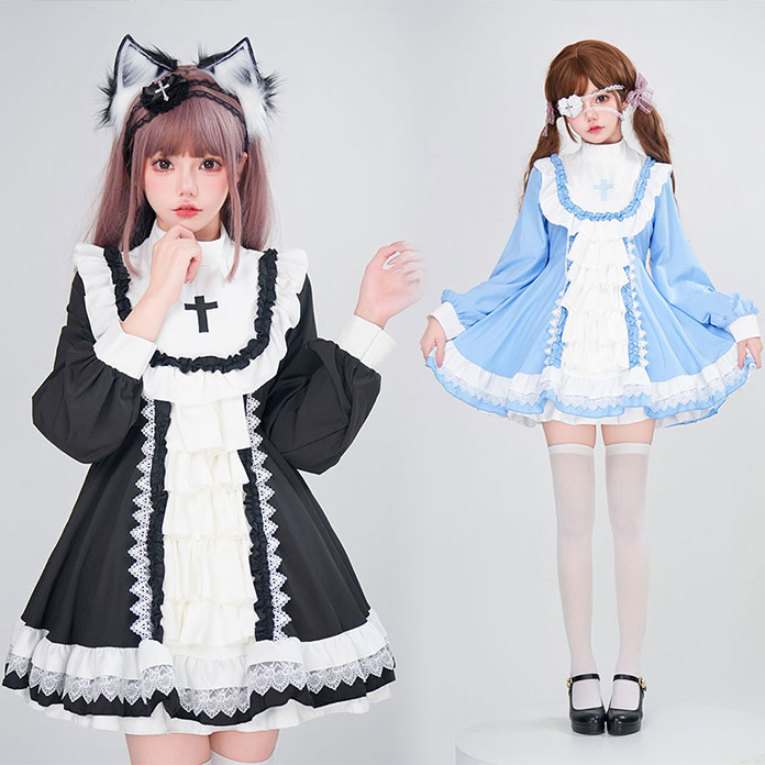 ロリータ服 ゴシック メイド服 ゴスロリ コスプレ衣装 洋服 長袖 ワンピース単品 レディース 可愛い ウェイトレス コスプレ 変装 仮装 ロリータワンピース コスチューム 制服 ハロウィン衣装 大人