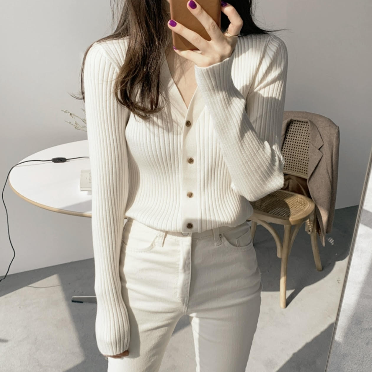 シンプルきれいめリブカーディガン リブカーディガン リブニット カーディガン 無地 Vネック 緑 グリーン 黒 ブラック ベージュ 白 ホワイト スリムフィット 韓国 レディース