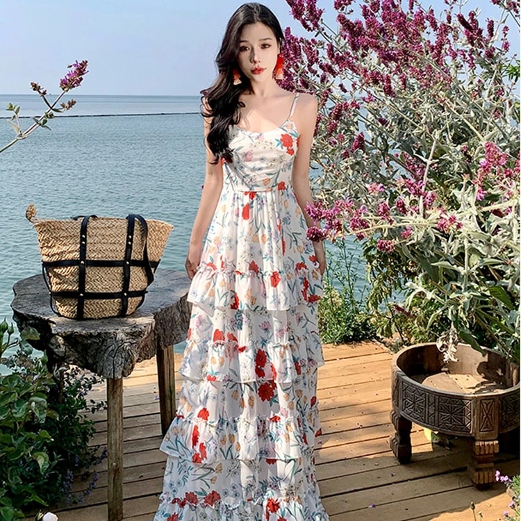 リゾートワンピ 花柄 フリル 花柄ワンピ キャミワンピ シースルー マキシワンピ ノースリーブ ビーチワンピ ロングワンピ マキシ丈 セクシー きれいめ 大きいサイズ 春 夏 夏ワンピ ビーチ レディ