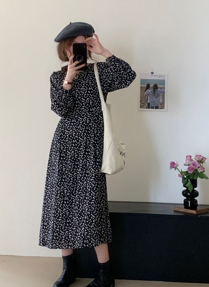 フェミニン ワンピース フレアワンピース ミモレ丈 長袖 Uネック 襟なし ストレート スマート シフォン ウエストマーク ポリエステル 大人可愛い きれいめ 大人 上品 おしゃれ 大人可愛い