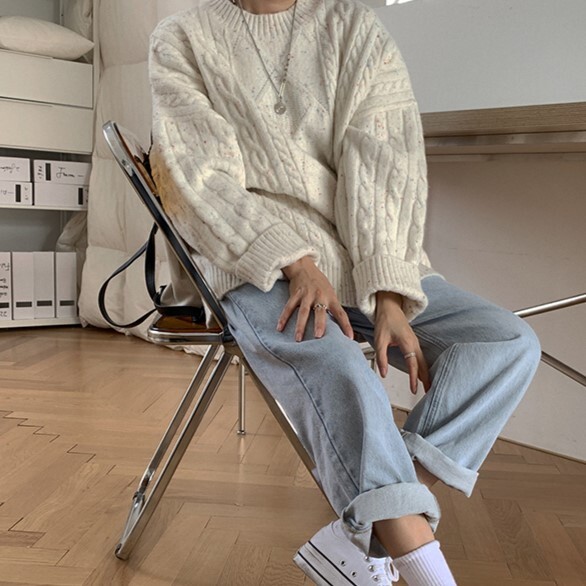 トップス ニットソー セーター 袖あり 長袖 ドロップショルダー ラウンドネック ストレート Iライン もこもこ 編み込み 伸縮性 ニット かわいい 大人可愛い シンプル 大人 おしゃれ お洒落