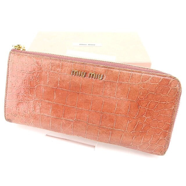 長財布 L字ファスナー クロコダイル調 ピンク ゴールド 中古