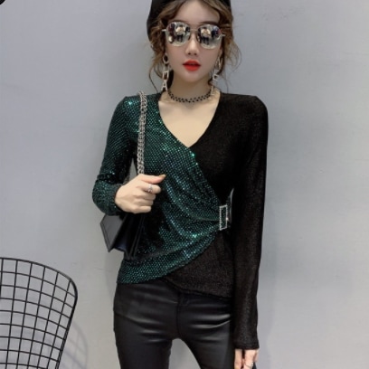 スパンコールシャツ グリーン イエロー シルバー トップス Tシャツ スリム 細身 ストレート