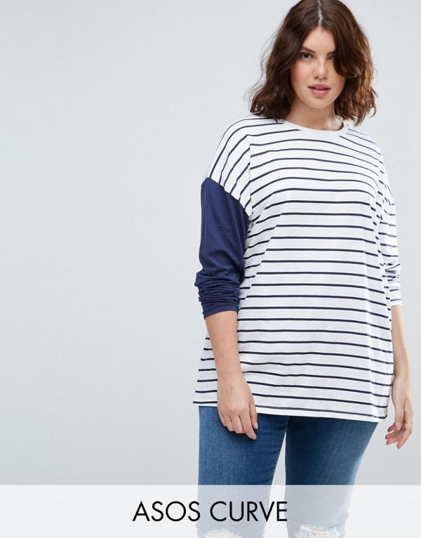 ASOS エイソス レディース 大きめサイズ ゆったりサイズ 送料無料 White/navy CURVE Top in Stripe with Colourblock Sleeve