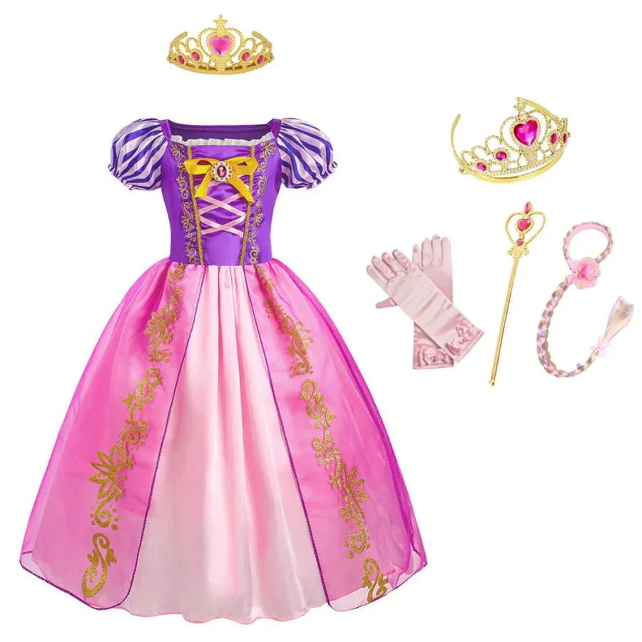 [即纳]新作先行発売ラプンツェル ドレス 子供 コスプレ 衣装 豪華５点 セット ( プリンセス ドレス お花の髪飾り 手袋 ティアラ ステッキ ) 100 110 120 130 140【短納期】