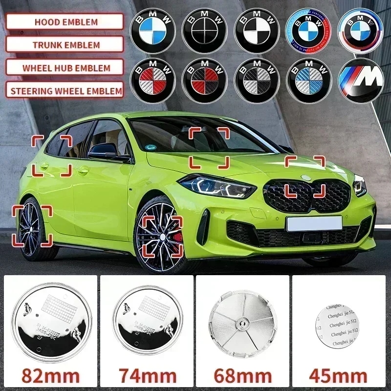 7ピース フロントフードエンブレム 50周年記念ロゴ 82mm+リアバッジ 74mm+ホイールハブキャップ 68mm デコレーションカバー スタイリング BMW用 輸入品