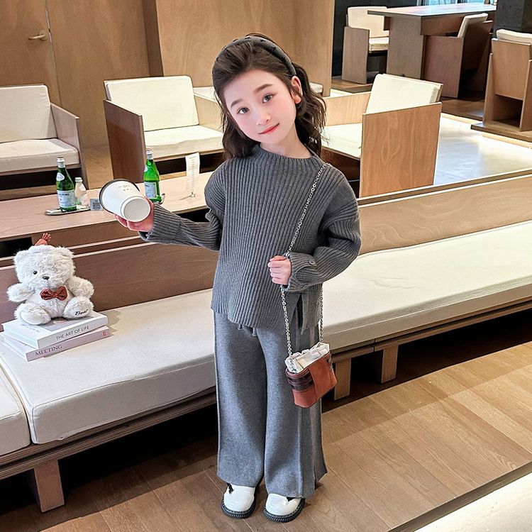 女の子セーター2024年秋冬新作子供服ファッショナブルな怠惰なスタイルニットセーターワイドレッグパンツ2点セット