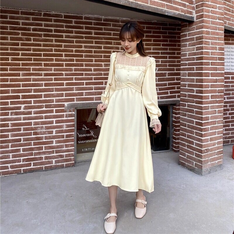 ミドル丈ワンピース スイート ガーリー ブラック 黒 アプリコット ミドル丈 袖あり 長袖 5,380円