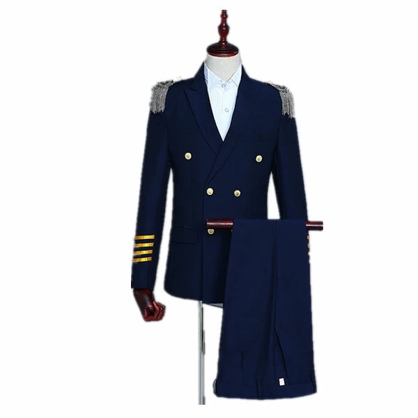 ネイビー/ホワイト　メンズ　スーツ　スーツセット　上下セット セットアップ　2点セット　花柄　タキシード　メンズ タキシード パンツ　演出服 華麗な王族服 王子様 ヨーロッパ風 復古風 コスプレ衣装