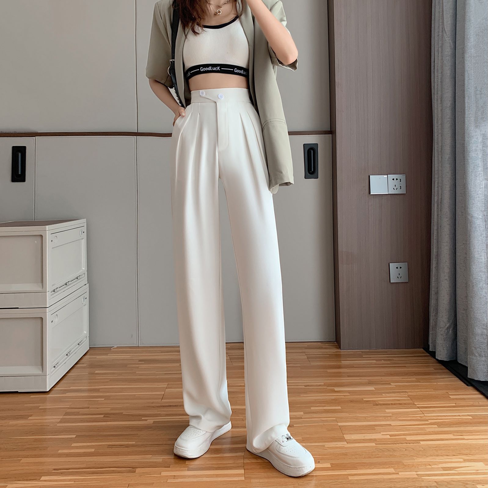 【韓国の人気爆発】 8色展開 ピタヤ カラー アイス シルク スーツ パンツ 夏 薄手セクション ハイウエスト ラズベリー カラー スモール ワイドレッグ パンツ ドレープ付き カジュアルパンツ