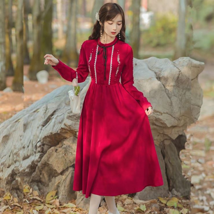 スタンドカラーレトロ刺繍ワンピース ワンピース 結婚式 ドレス 結婚式 二次会 入園式 卒業式 大人 上品 入学式 OL レディース 春 夏 秋 冬