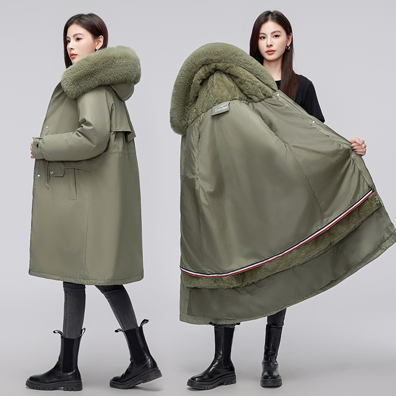 膝上の取り外し可能なライナーミッドレングスパーカー綿の服の女性の新しい冬の大きな毛皮の襟フード綿のジャケット