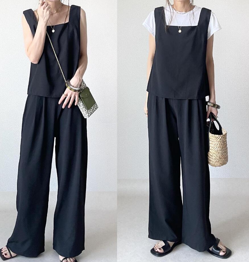 【クラシックに上品】 スクエアネック ノースリーブ Tシャツ+ ハイウエスト パンツセット