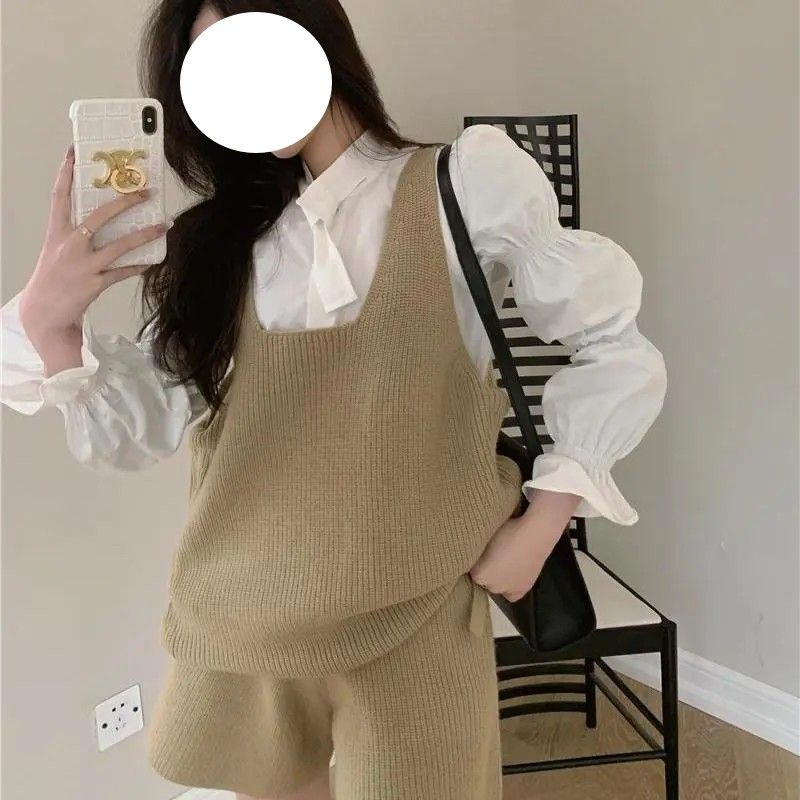 スーツ女性バブルスリーブミニシャツ+プルオーバーセーターパンツ+ニットベスト の3点セット