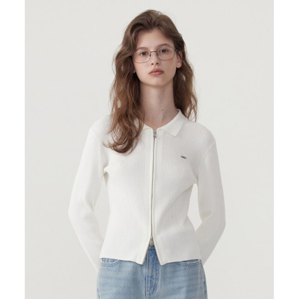 COVERNAT レディースカラースリムフィットジップアップカーディガンホワイト
