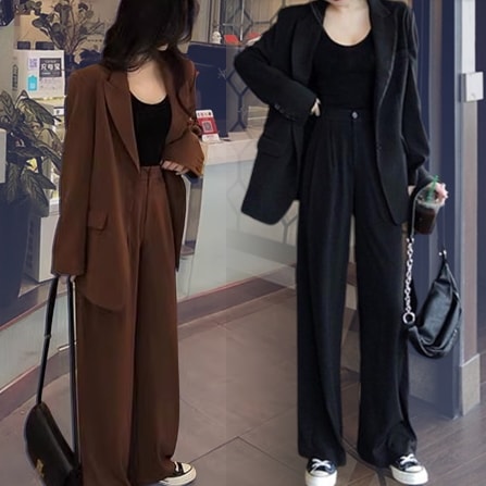 ２カラー ファッショナブルスリムスーツ/ジャケット＆ワイドレッグパンツ二点セット 上下セット ツーピース スーツ風 レディース トップス ジャケット ボトムス セットアップ テーラードジャケット