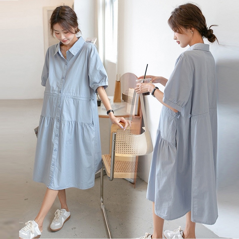 11 マタニティドレスシャツスカートスプリングと秋のトレンディな母韓国スタイルミディアムレングス調整可能なラペルシャツスカート屋外母乳育児服