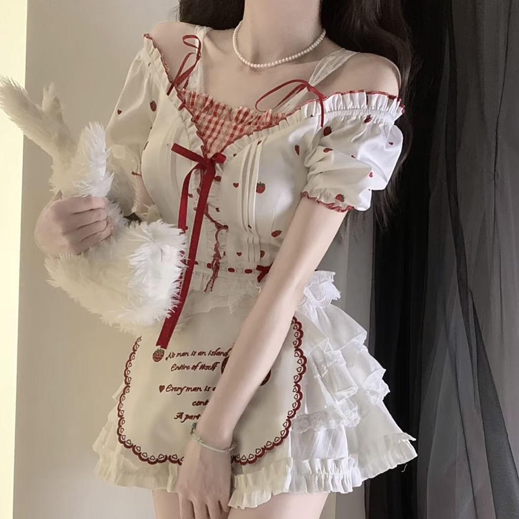 女の子ココナッツサマーメイドエプロンかわいい女の子赤と白のスーツスカートシャツトップスハイウエストショートスカートレディース