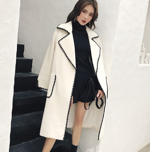 【取寄：納期2週間】チェスターコート レディース ロング丈 バイカラー ロングコート ステッチ アウター ホワイト 冬アウター 秋冬 おしゃれ 20代 30代 長袖 大きいサイズ コート