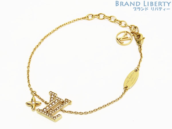 レア美品ルイヴィトンブレスレットLVアイコニックパールチェーン腕輪ゴールドパールメタルフェイクパールM1086A