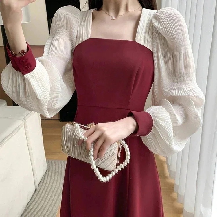 赤いドレスの女性24のドレススクエアネックパフスリーブオーバーお祝いのロングドレスファッションワンピースドレスキャミワンピ