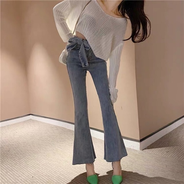 ボトムス パンツ 春 夏 秋 冬 カジュアル レディース スリムパンツ フレアパンツ 無地 リボン ブルー かわいい 大人可愛い きれいめ シンプル カジュアル 大人 おしゃれ お洒落 かっこいい S