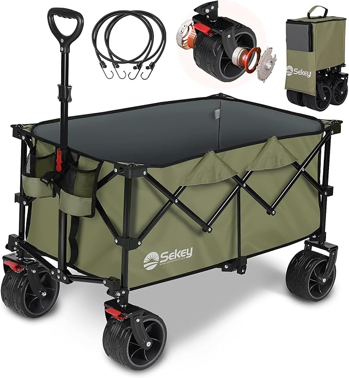 【断面幅10cmの極太ノーパンクタイヤ】【ベアリング付き】 大容量135L キャリーワゴン 高耐荷重150kg 【収納サイズが類似品で最小級】 コンパクト 折り畳み 簡単組立 ワンタッチ収束型 自立収