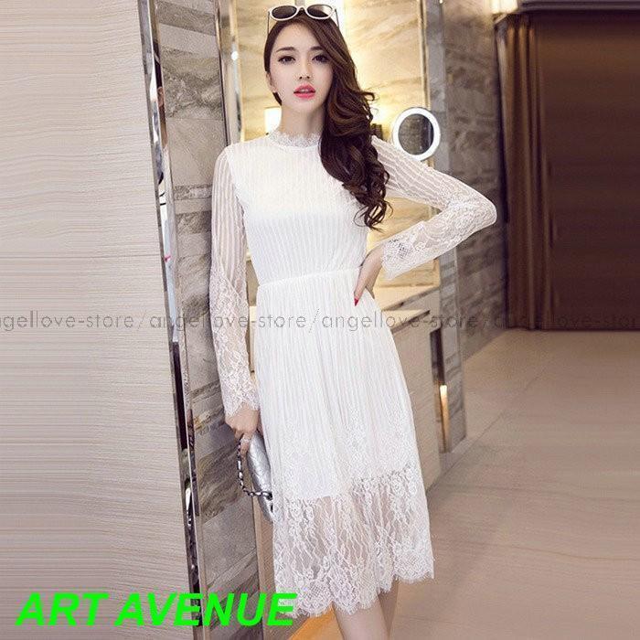 春秋 ワンピース パーティードレス ミディアム丈 ワンピース 膝丈 黒 レース 長袖 二次会 ナイトドレス クラブ イブニングドレス キャバ嬢